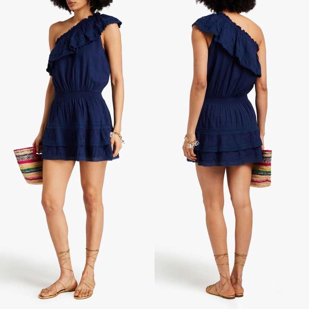 MELISSA ODABASH Debbie One-Shoulder Ruffled Crepe Mini Dress Navy